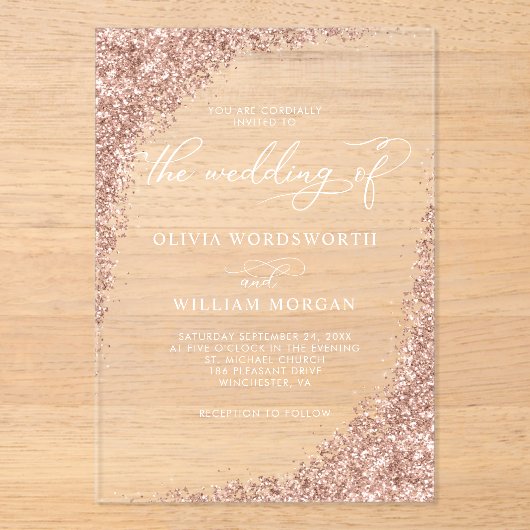 Elegant Roos Gold Glitter Script Weddenschap Acryl Uitnodigingen (Voorkant)