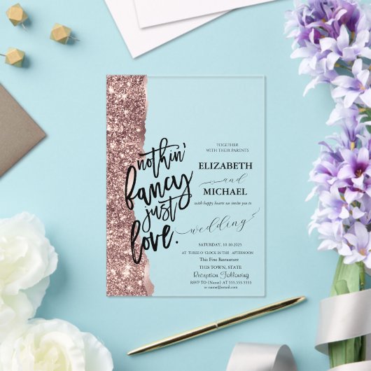 Elegant Roos Gold Glitter Script Weddenschap Acryl Uitnodigingen (Insitu (Huwelijk))