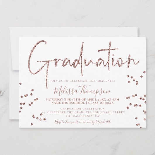 Elegant roos gold glitter script white afstuderen kaart (Voorkant)