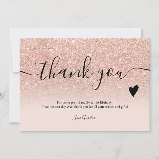 Elegant roos gold glitter script, zoet 16 bedankkaart (Voorkant)
