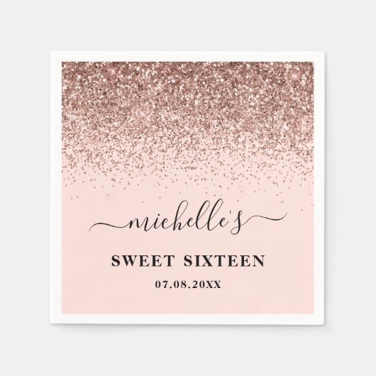 Elegant Roos Gold Glitter Sparkles Name Sweet 16 Servet (Voorkant)