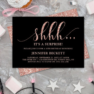 Elegant Roos Gold Glitter Surprise Birthday Party Kaart