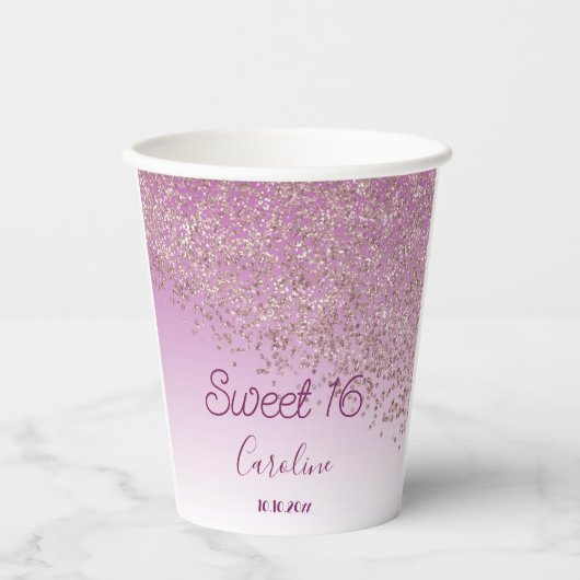 Elegant Roos Gold Glitter Sweet 16 Birthday Papieren Bekers (Voorkant)