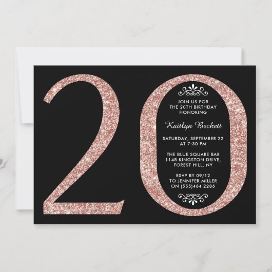 Elegant Roos Gold Glitter Typografie 20e verjaarda Kaart (Voorkant)