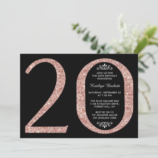 Elegant Roos Gold Glitter Typografie 20e verjaarda Kaart (Staand voorkant)