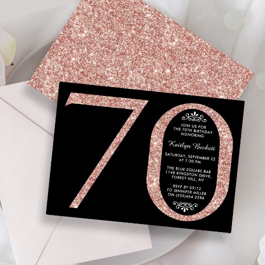 Elegant Roos Gold Glitter Typografie 70th Birthday Kaart