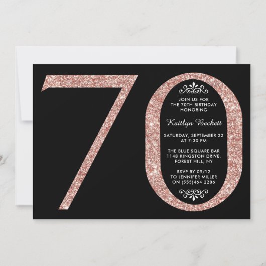 Elegant Roos Gold Glitter Typografie 70th Birthday Kaart (Voorkant)