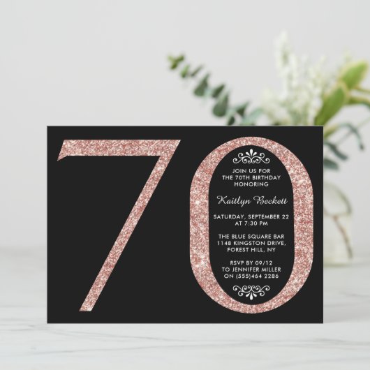 Elegant Roos Gold Glitter Typografie 70th Birthday Kaart (Staand voorkant)