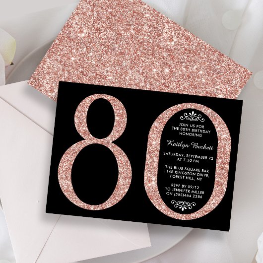 Elegant Roos Gold Glitter Typografie 80th Birthday Kaart