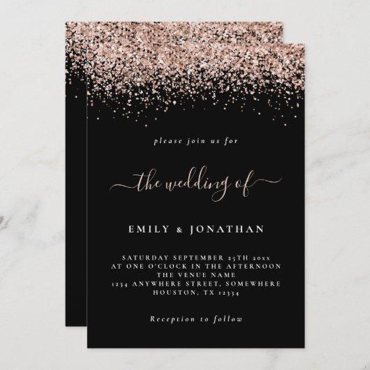 Elegant Roos Gold Glitter Wedding Black Kaart (Voorkant / Achterkant)