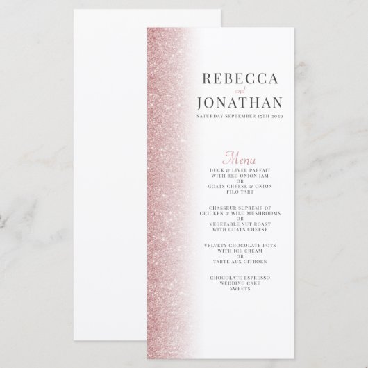 Elegant Roos Gold Glitter Wedding Menu Card (Voorkant / Achterkant)