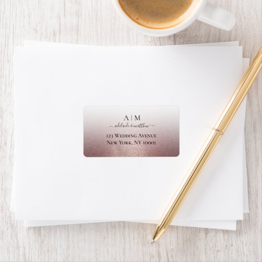 Elegant Roos Gold Glitter Wedding Monogram Script Etiket (Insitu)