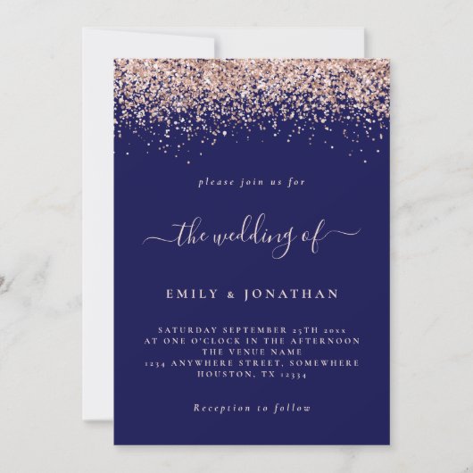 Elegant Roos Gold Glitter Wedding Navy Blue Blush Kaart (Voorkant)