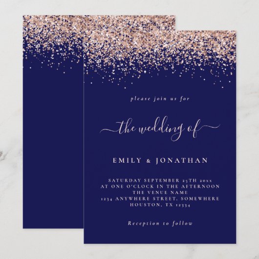 Elegant Roos Gold Glitter Wedding Navy Blue Blush Kaart (Voorkant / Achterkant)