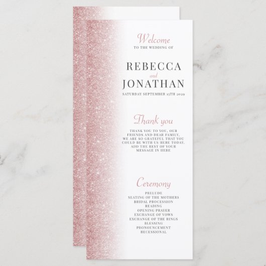 Elegant Roos Gold Glitter Wedding Program Card (Voorkant / Achterkant)
