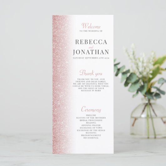 Elegant Roos Gold Glitter Wedding Program Card (Staand voorkant)