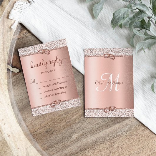 Elegant Roos Gold Glitter Wedding RSVP Kaartje