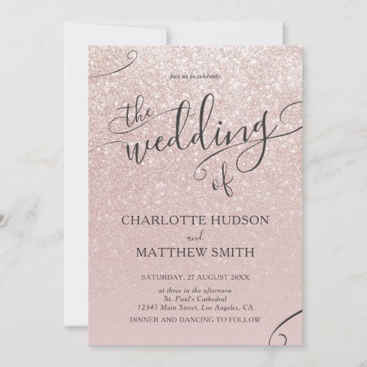 Elegant Roos Gold Glitter Wedding Uitnodiging (Voorkant)
