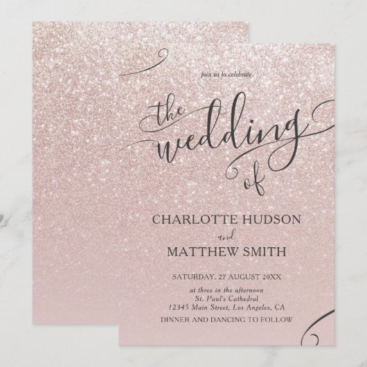 Elegant Roos Gold Glitter Wedding Uitnodiging (Voorkant / Achterkant)