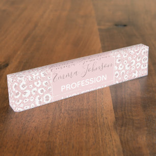 Elegant Roos Gold Glitter White Leopard Print Naambordje