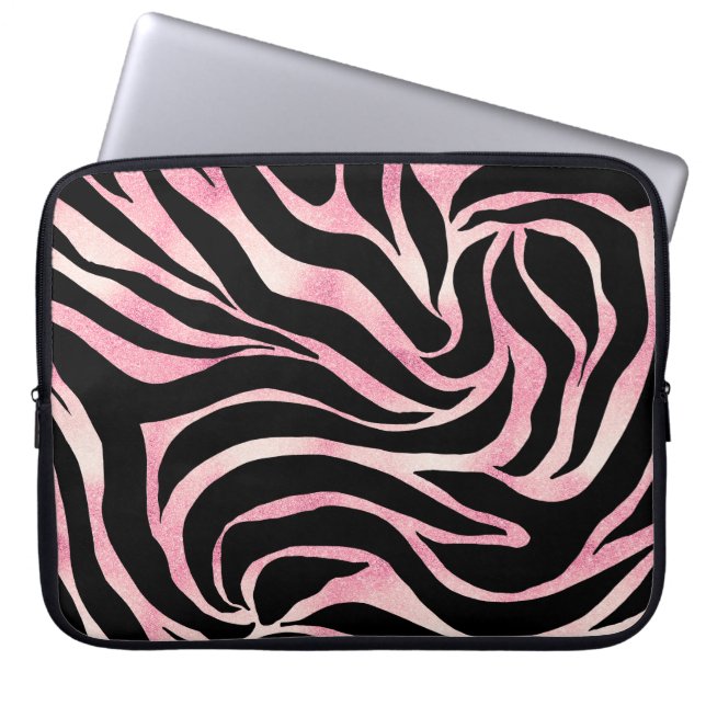 Elegant Roos Gold Glitter Zebra Black Animal Print Laptop Sleeve (Voorkant)
