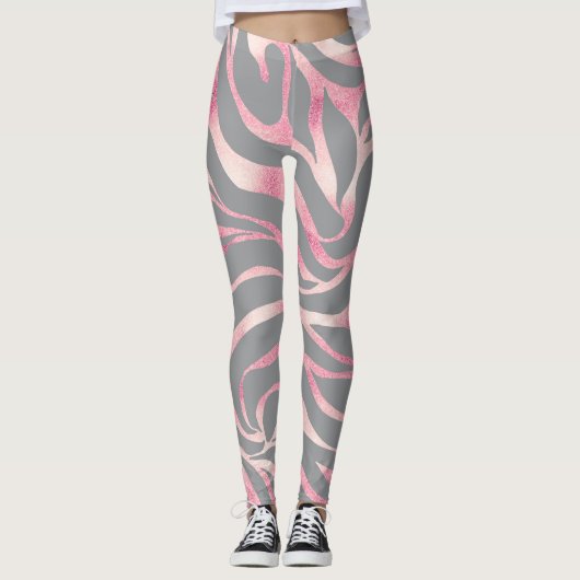 Elegant Roos Gold Glitter Zebra Grey Animal Print Leggings (Voorkant)