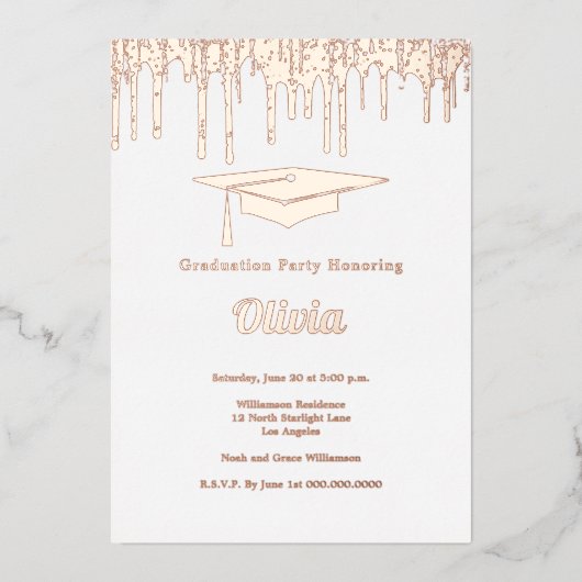 Elegant Roos Gold Graduation Party Folie Uitnodiging (Voorkant)