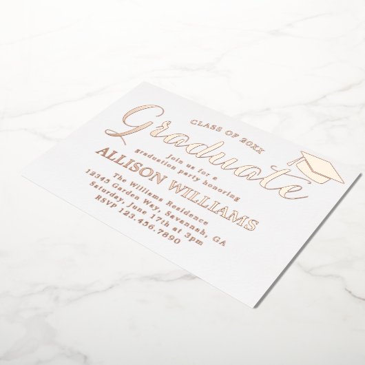 Elegant Roos Gold Graduation Party Folie Uitnodiging (Gedraaid)