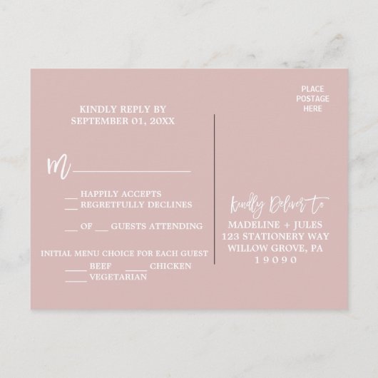 Elegant Roos Gold & Gray Menu Keuze RSVP-Briefkaar (Achterkant)