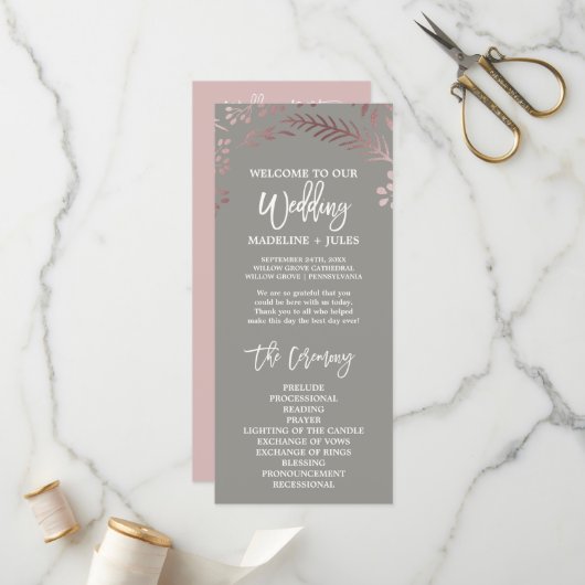 Elegant Roos Gold & Gray Wedding Program Programmakaart (Voorkant / Achterkant in situ)