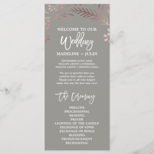 Elegant Roos Gold & Gray Wedding Program Programmakaart (Voorkant)
