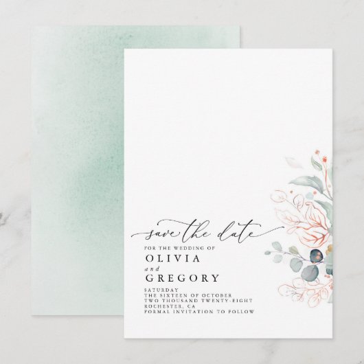 Elegant Roos Gold Greenery slaat de datum op Aankondiging (Voorkant / Achterkant)