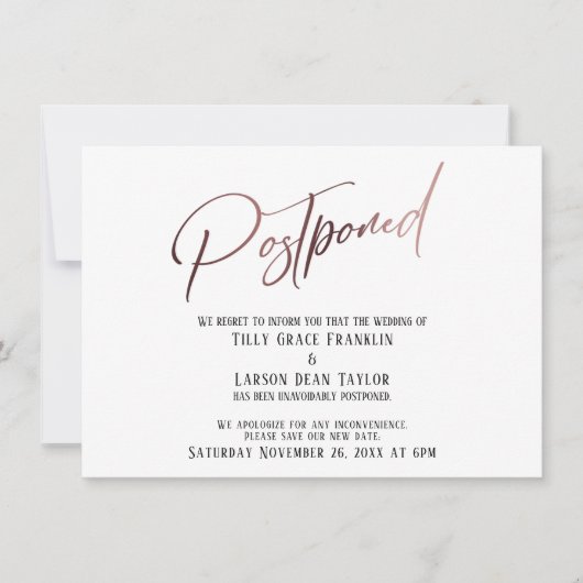 Elegant Roos Gold Handwrite Postponed Wedding Kaart (Voorkant)
