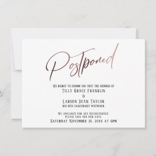Elegant Roos Gold Handwrite Postponed Wedding Kaart