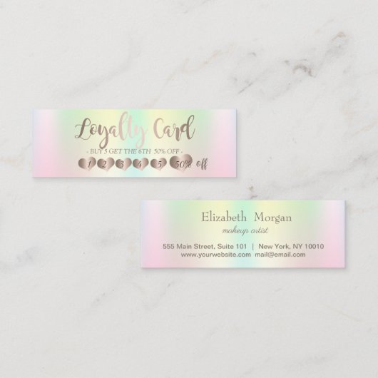 Elegant Roos Gold Hearts, Iridescent Holographic Klantenkaartje (Voorkant / Achterkant)