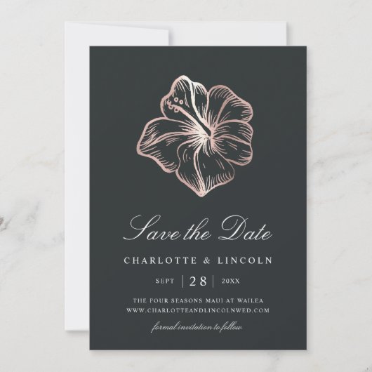 Elegant Roos Gold Hibiscus Flower Wedding Save The Date (Voorkant)