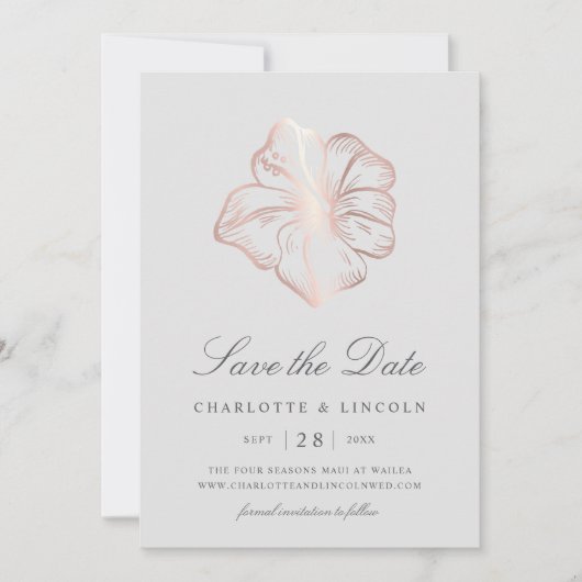 Elegant Roos Gold Hibiscus Flower Wedding Save The Date (Voorkant)