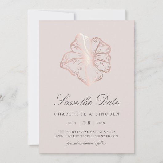 Elegant Roos Gold Hibiscus Flower Wedding Save The Date (Voorkant)