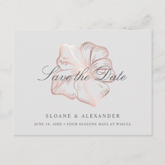 Elegant Roos Gold Hibiscus Wedding Save the Date Aankondigingskaart (Voorkant)
