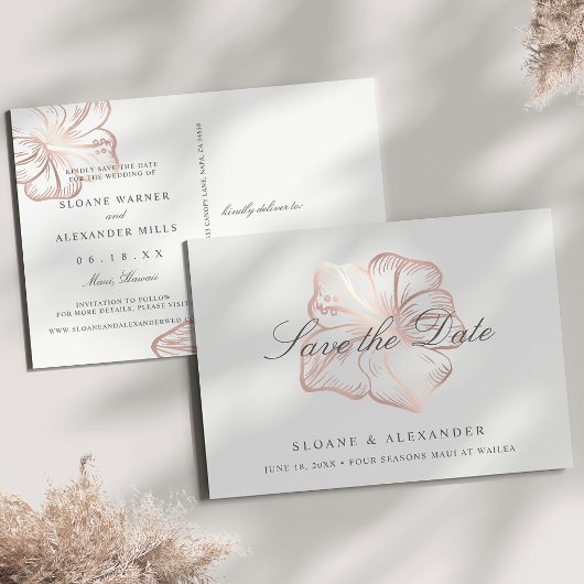 Elegant Roos Gold Hibiscus Wedding Save the Date Aankondigingskaart