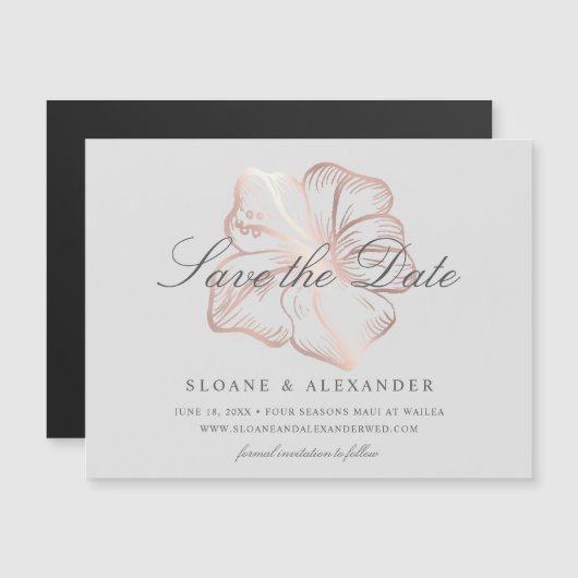 Elegant Roos Gold Hibiscus Wedding Save the Date Magnetische Uitnodiging (Voorkant / Achterkant)