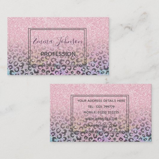 Elegant Roos Gold Iridescent Glitter Leopard Print Visitekaartje (Voorkant / Achterkant)