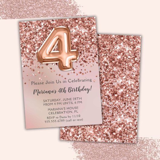 Elegant Roos Gold Kinder Girl 4e verjaardag Inv Kaart