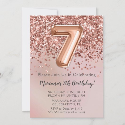 Elegant Roos Gold Kinder Girl 7e verjaardag Kaart (Voorkant)