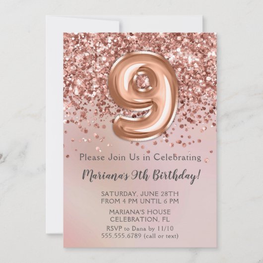 Elegant Roos Gold Kinder meisje 9e verjaardag Inv Kaart (Voorkant)