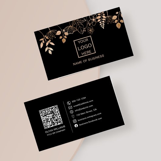 Elegant Roos Gold Leaf QR Code Social Media Icons Visitekaartje