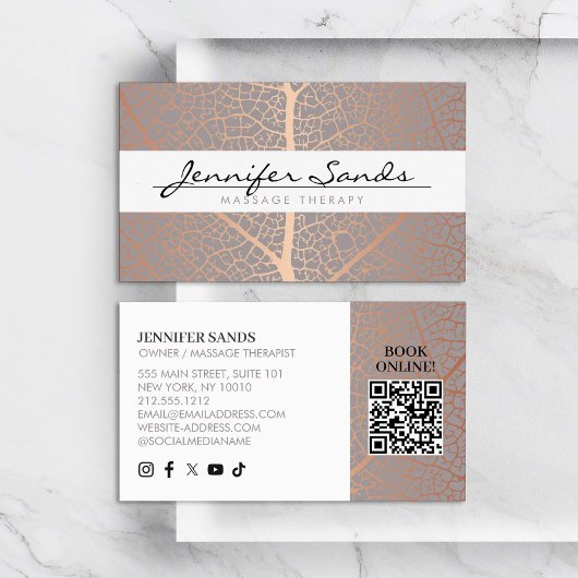 Elegant Roos Gold Leaf Tree Pattern QR-code Visitekaartje