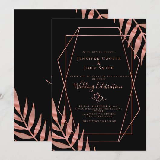 Elegant Roos Gold Leaves Black Wedding Kaart (Voorkant / Achterkant)