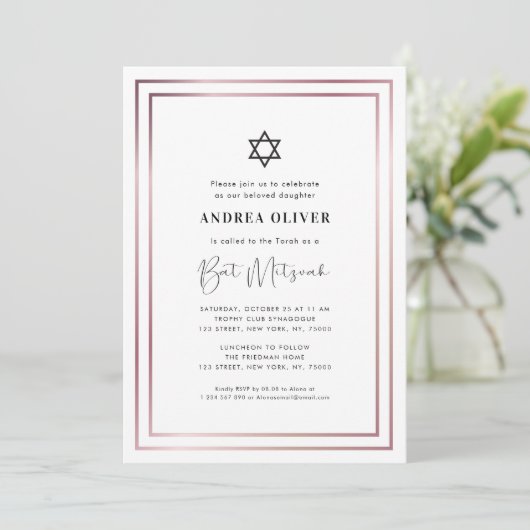 Elegant Roos Gold Lijst Modern Simple Bat Mitzvah Kaart (Staand voorkant)