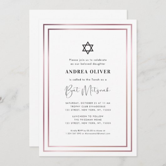 Elegant Roos Gold Lijst Modern Simple Bat Mitzvah Kaart (Voorkant / Achterkant)